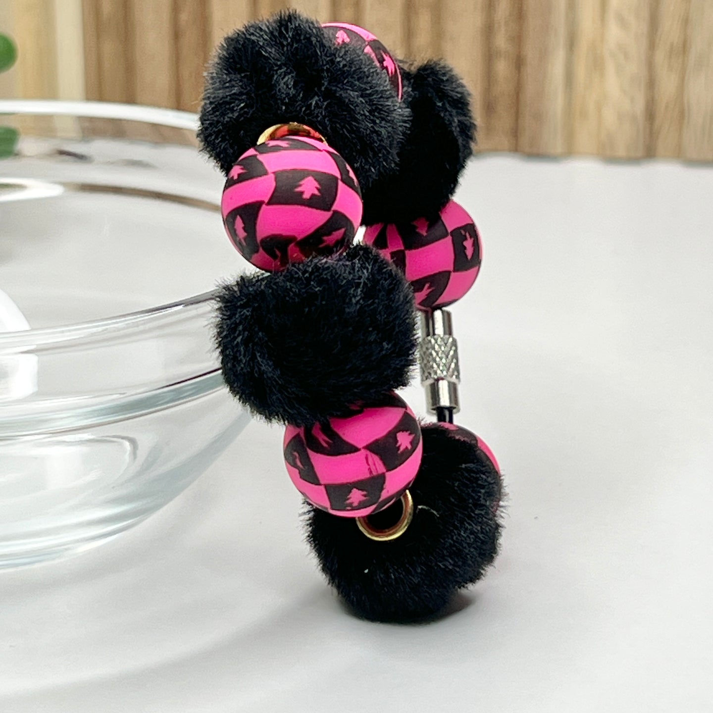 Pink Checkered Tree Fuzzy Cup Charm